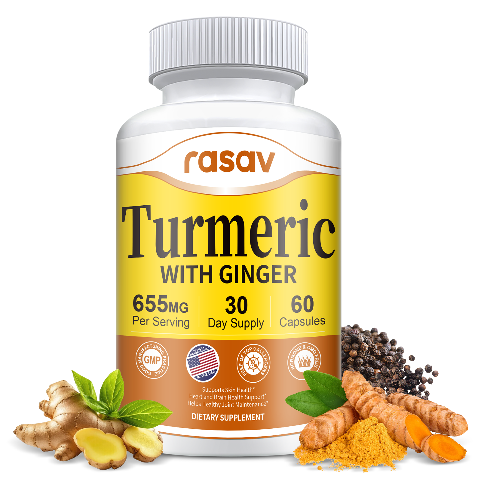 Turmeric With Ginger Supplement-Turmeric Curcumin with Black Pepper (BioPerine)– 60 Capsules