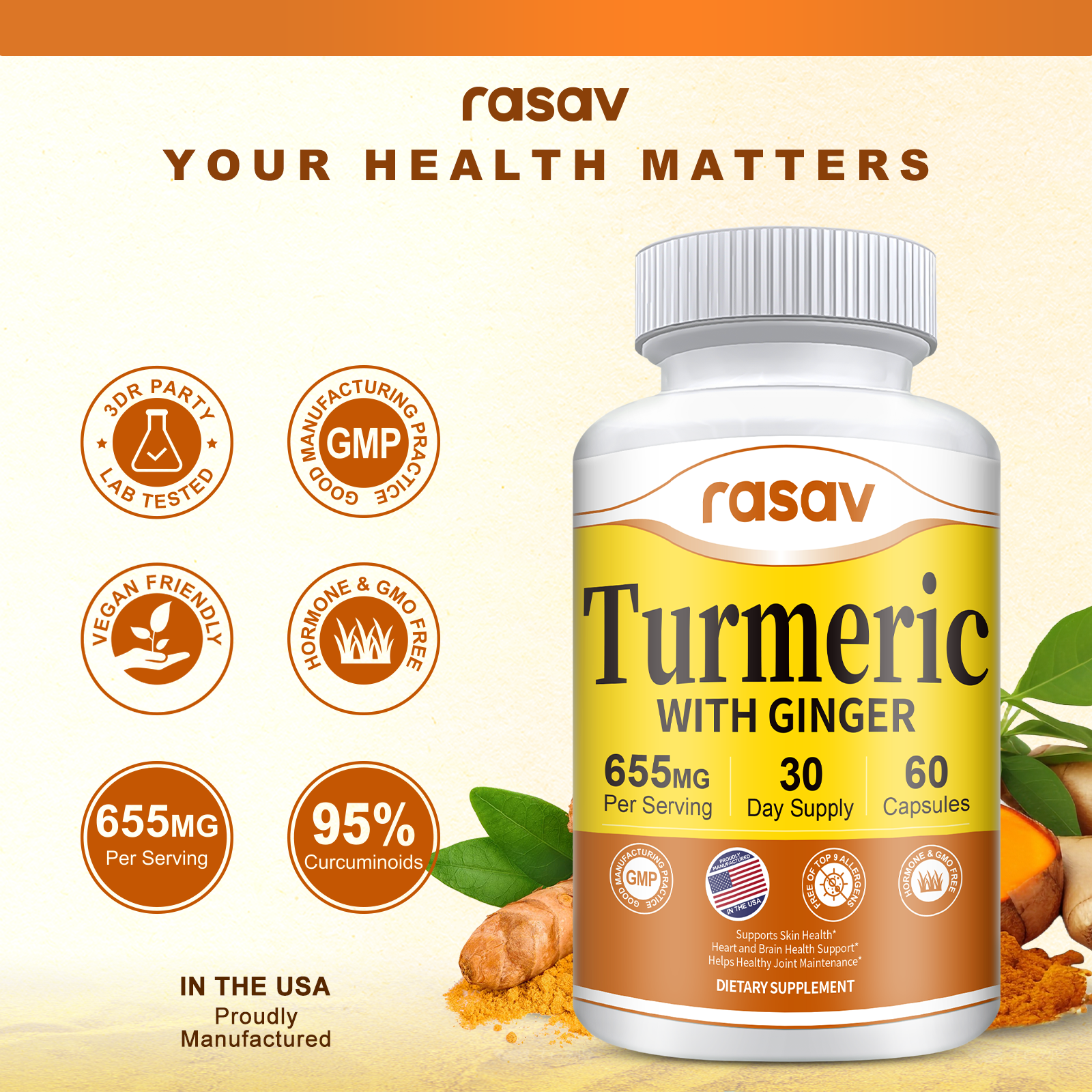Turmeric With Ginger Supplement-Turmeric Curcumin with Black Pepper (BioPerine)– 60 Capsules